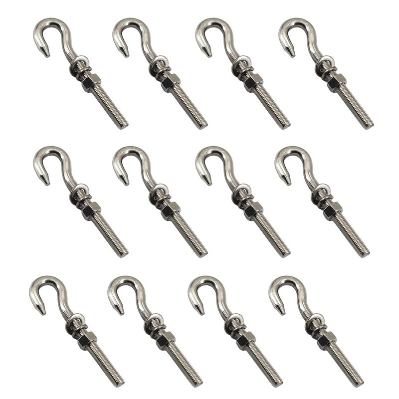Faspiroty 12Pcs M6 Stainless Steel Eye Bolt with Nut and Washers Long Shank Threaded Rod Round Hook Eyelet Bolt Screw - Image 1